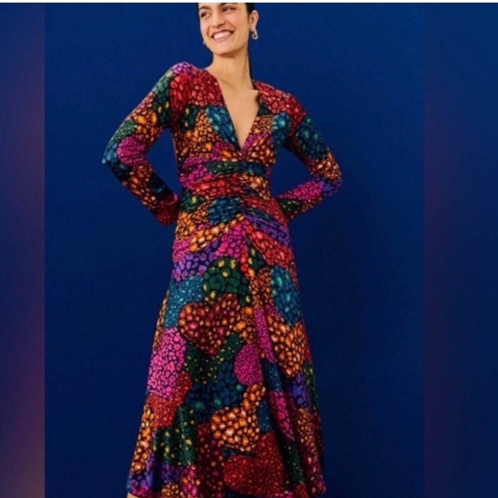 Farm Rio Rainbow Hearts 
Ruched Long Sleeve Dress